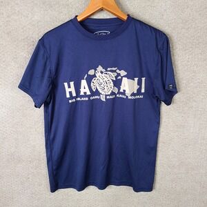 Island Crew Shirt Mens‎ L Blue Hawaii Graphic Tee Polyester Casual Short Sleeve